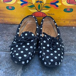 Tod’s Black & White Polka Dot Driving Loafers 34.5